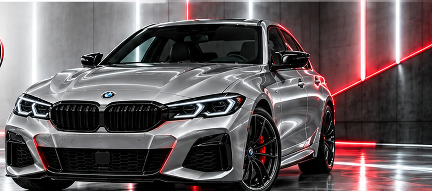 Automóvel prateado de inspiração desportiva num estúdio automóvel premium