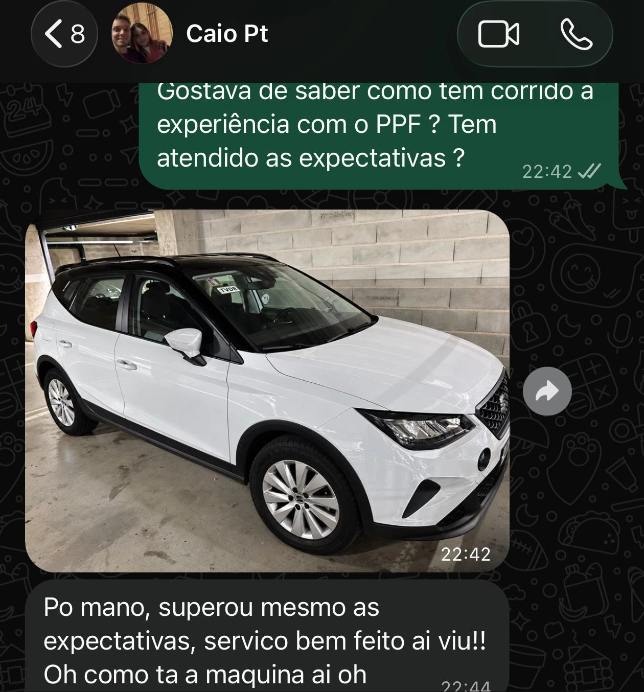 Conversa completa de WhatsApp com Caio Pt, incluindo fotografia do veículo e feedback ao serviço PPF