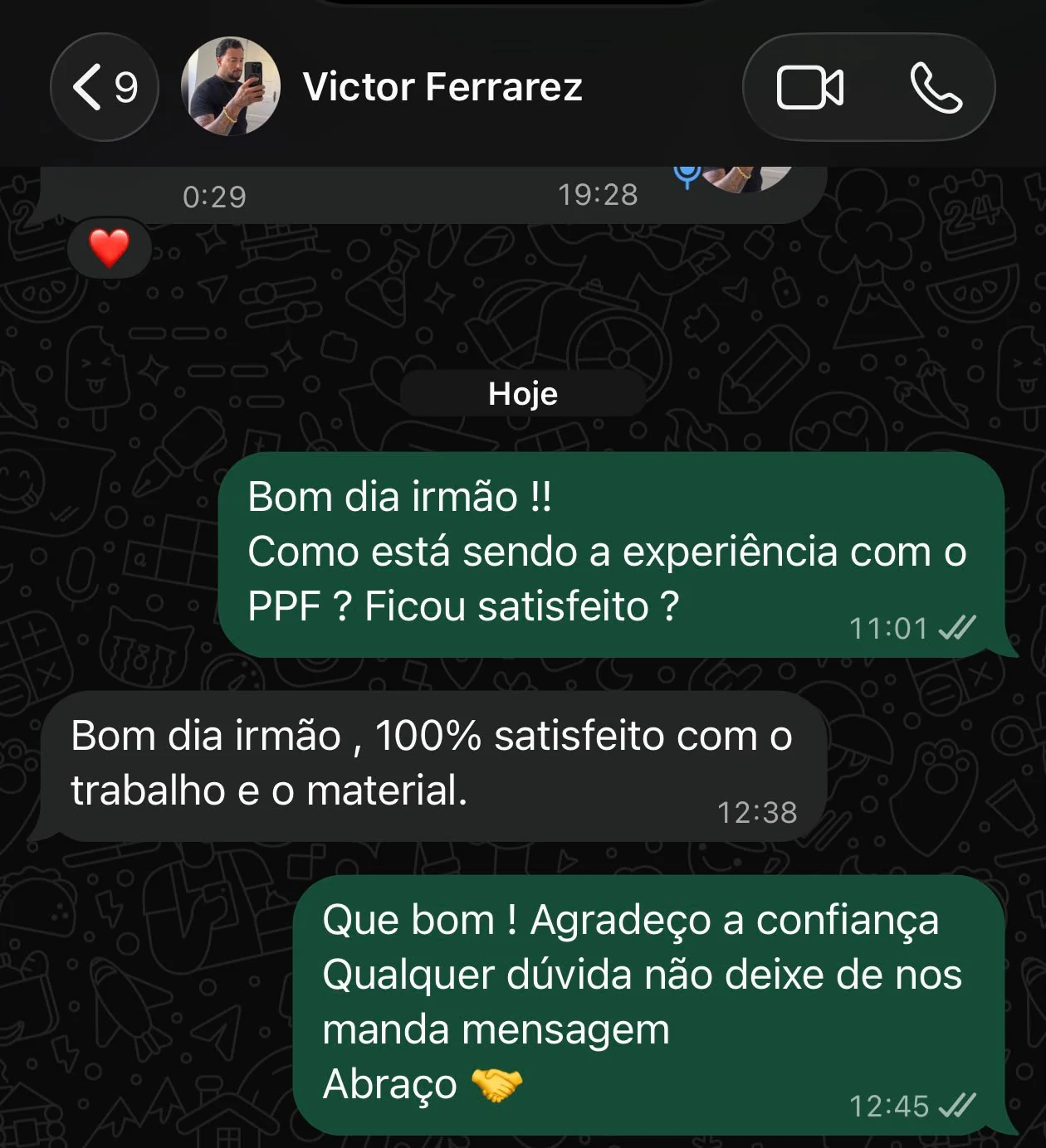 Conversa completa de WhatsApp com Victor Ferrarez, incluindo cabeçalho e resposta ao serviço PPF